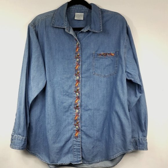 Style Studio Denim Shirt Women's Large GUC Fall Themed Embroidery Blue Denim Top - Picture 1 of 6